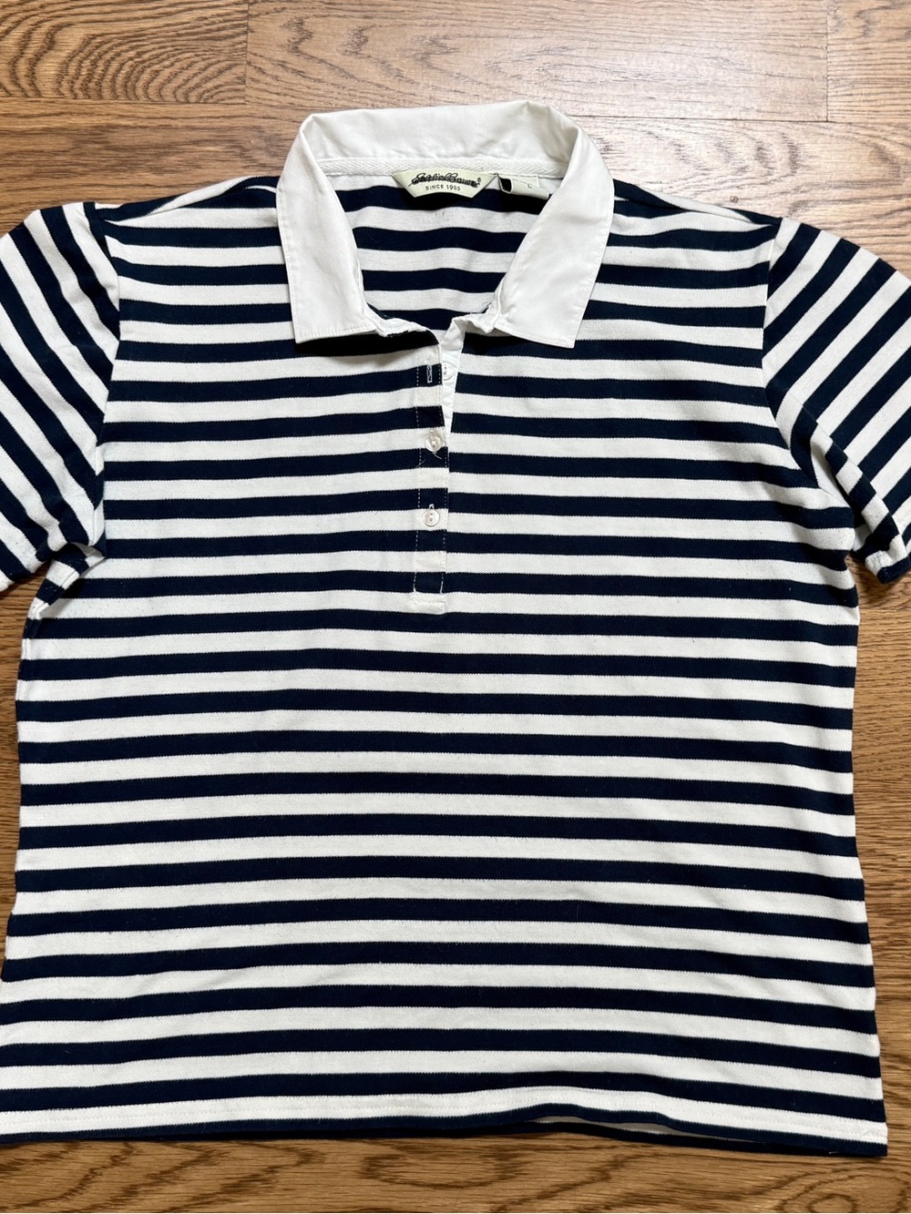 Eddie Bauer Navy and Off-White Striped Polo Shirt